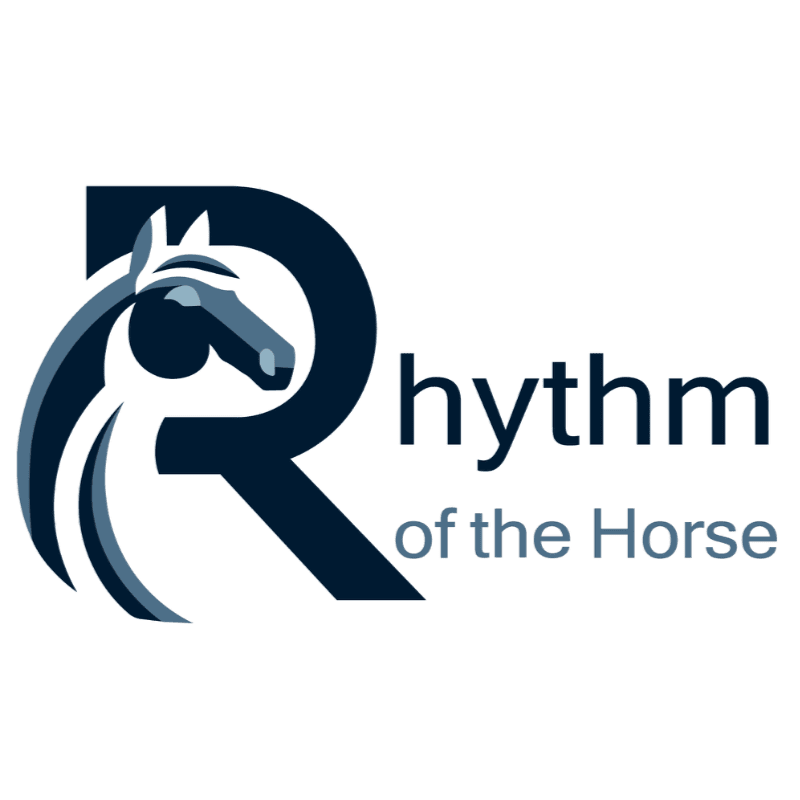 A dark blue letter "R" with a stylized horse's head and mane forms the foreground, while the words "Rhythm of the Horse" are in the background.
