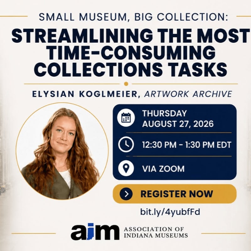 A woman with long, wavy brown hair is featured in a circular inset on the left, with event details for a webinar on streamlining museum collections tasks on the right, all set against a blurred background of architectural columns.