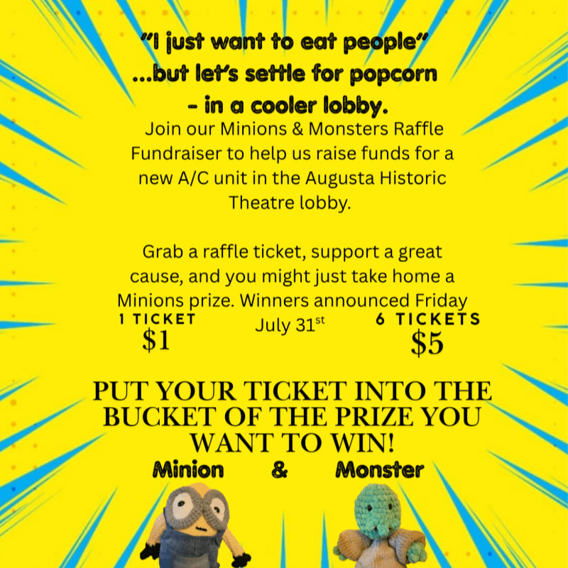 Yellow background with text about a Minions & Monsters raffle fundraiser in the foreground, and two crocheted figures of a Minion and a monster at the bottom.