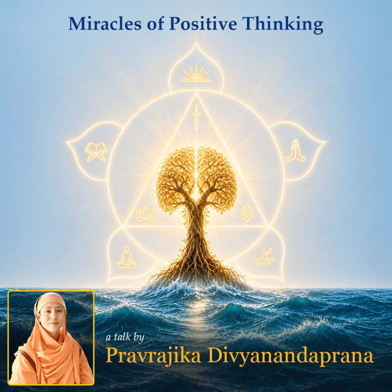 A portrait of a woman in orange robes is in the foreground, while the background features a glowing tree of life rooted in the ocean, surrounded by spiritual symbols and the title "Miracles of Positive Thinking."