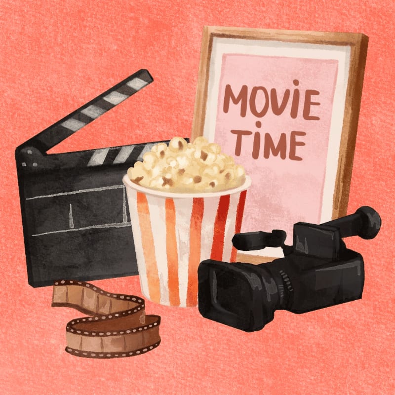 A clapperboard, popcorn, film reel, and video camera are in the foreground, with a framed "Movie Time" sign in the background against a textured coral surface.