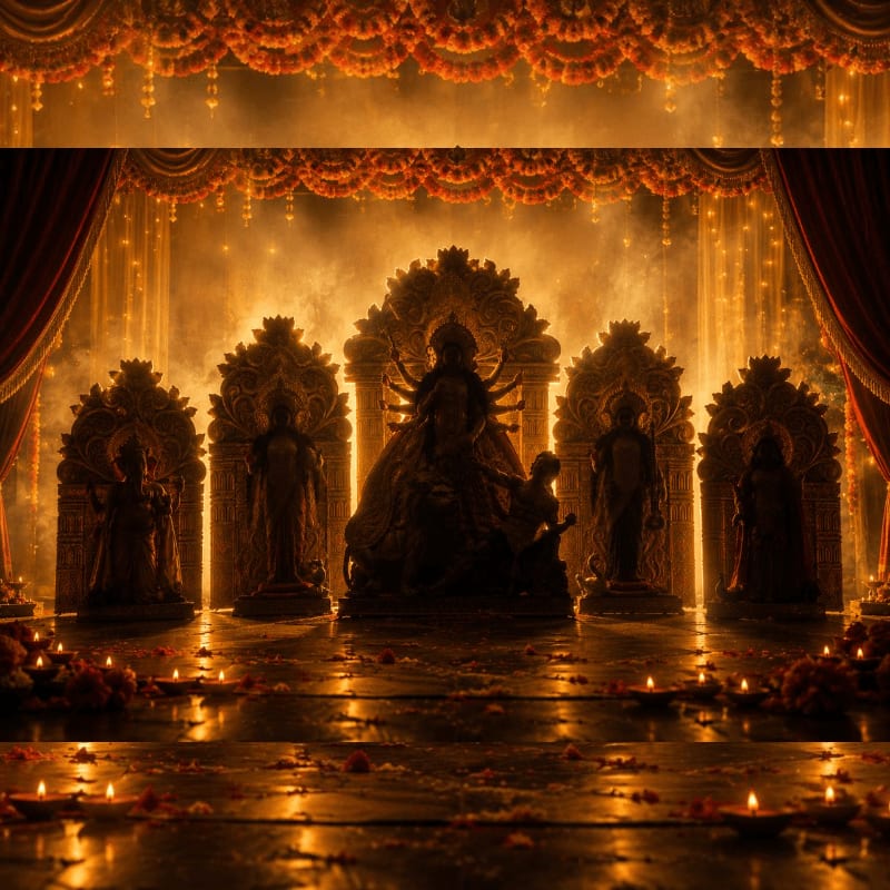 A central, ornate statue of a deity is surrounded by smaller statues on a stage adorned with flickering diyas and floral garlands, all bathed in a warm, golden light.