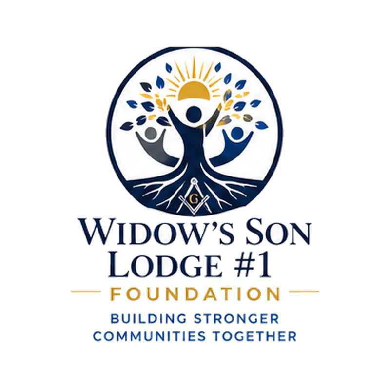 A logo featuring a stylized tree with people reaching up, rooted in a square and compass symbol, is set against a white background with the text "Widow's Son Lodge #1 FOUNDATION BUILDING STRONGER COMMUNITIES TOGETHER" below.