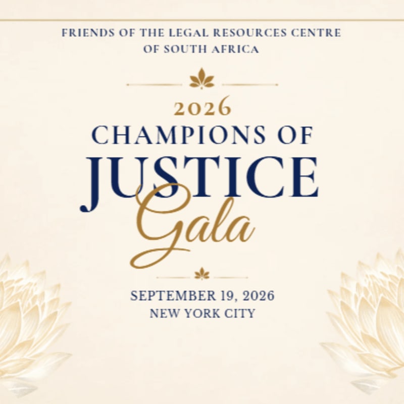 A cream-colored background features the text "2026 Champions of Justice Gala" prominently in the center, with decorative lotus flowers framing the bottom corners.
