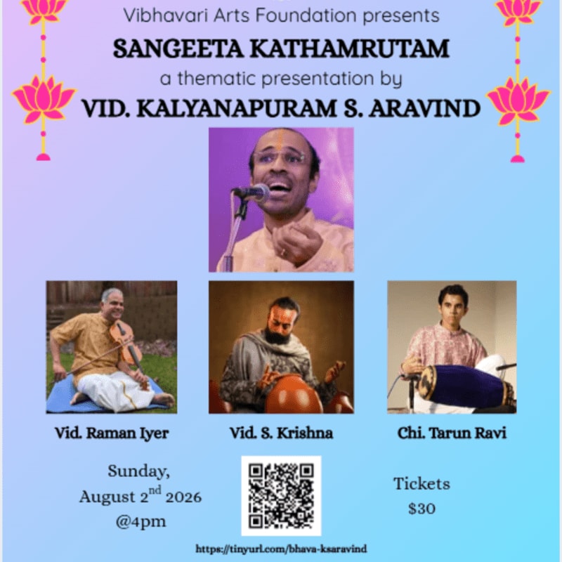 A poster for "Sangeeta Kathamrutam" features three musicians in the foreground and a speaker in the background, with decorative lotus flowers at the top.
