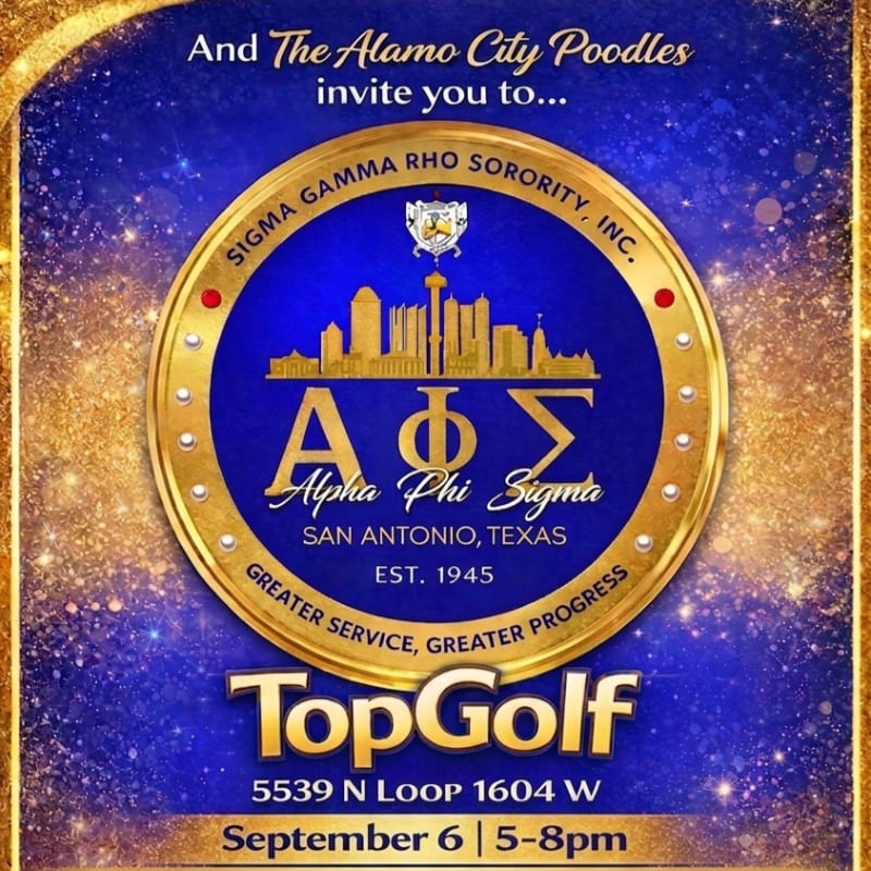 A golden circular emblem with the Alpha Phi Sigma crest and event details for TopGolf is set against a sparkling blue and gold background.
