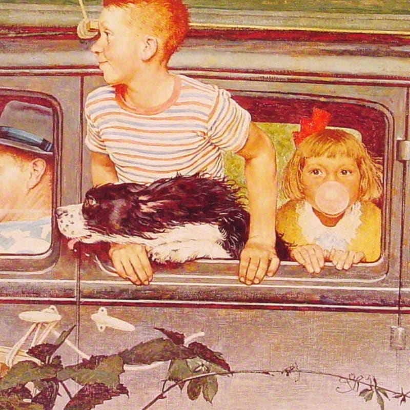 A boy, a girl blowing bubblegum, and a dog peer out of a car window, with foliage in the foreground and a hint of a man's hat in the background.