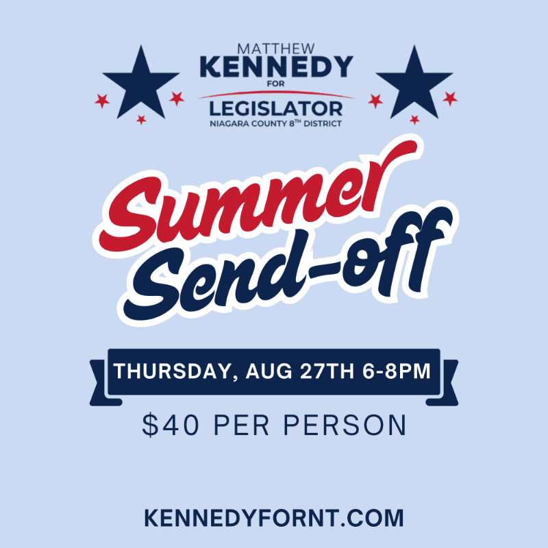 A "Summer Send-off" event for Matthew Kennedy for Legislator is advertised with event details on a light blue background.