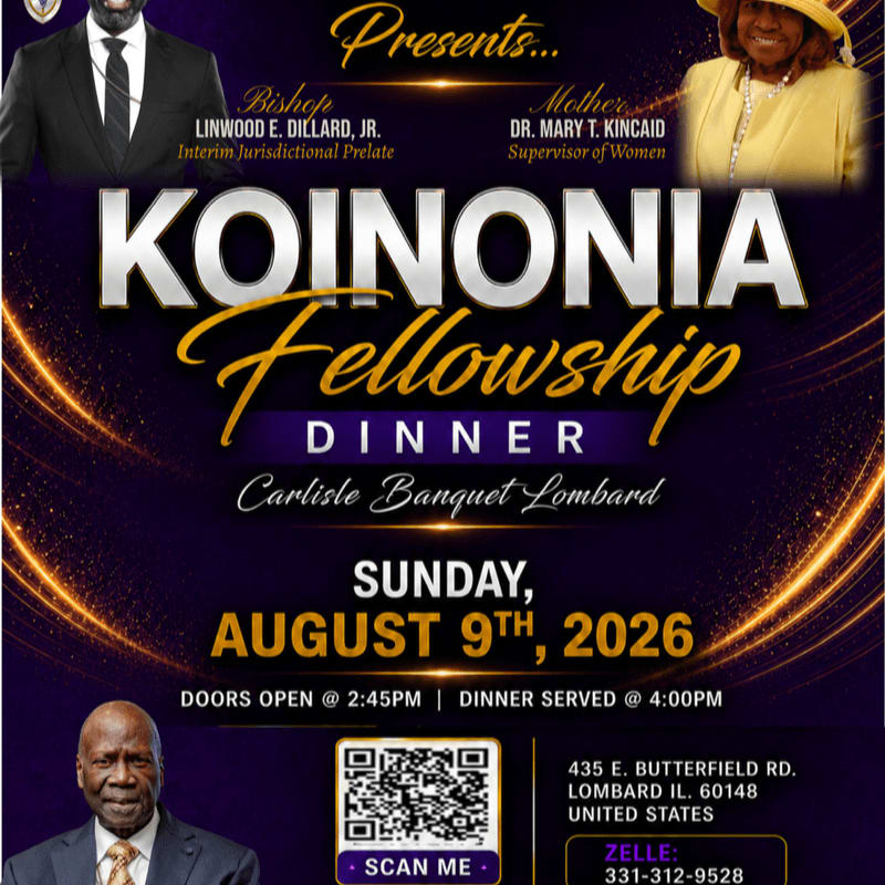 A Koinonia Fellowship Dinner is advertised with portraits of religious leaders in the foreground and a stylized background.