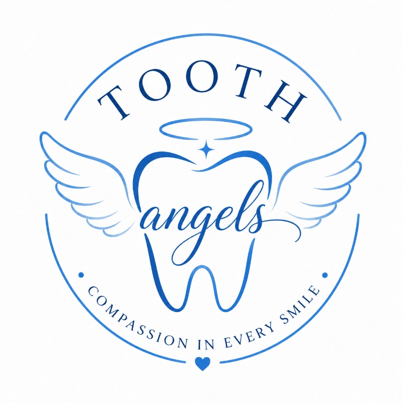 A blue circular logo features a stylized tooth with wings and a halo in the foreground, while the background is a clean white.