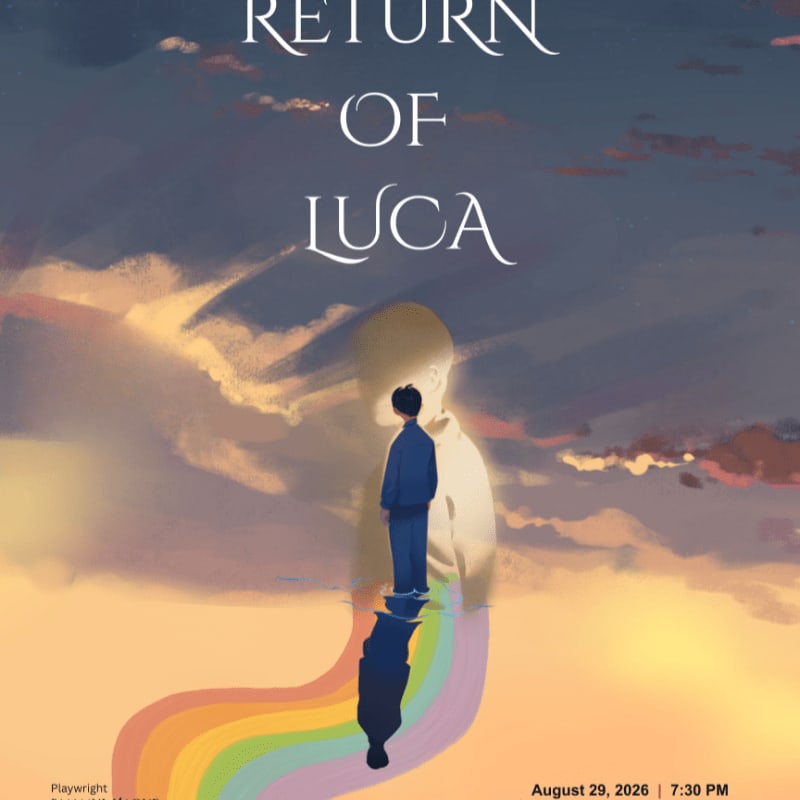 A lone figure stands on a rainbow path against a dramatic sunset sky, with the words "RETURN OF LUCA" emblazoned above.