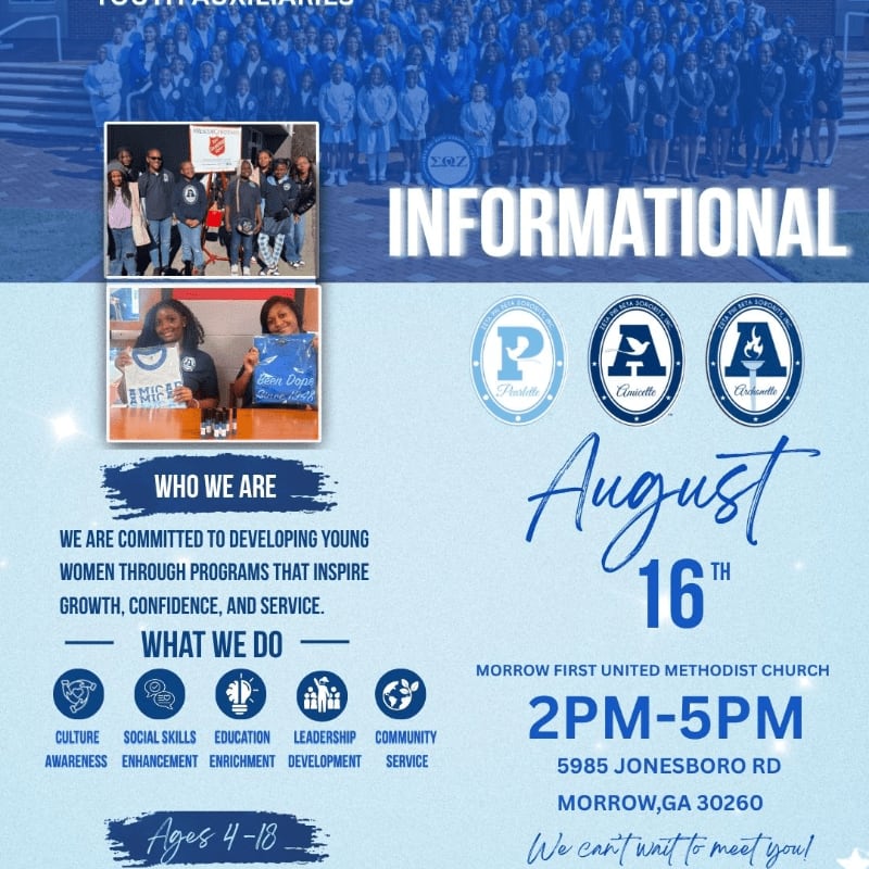 A group of young women in blue uniforms stand in the background, while the foreground features event details for an informational meeting on August 16th at Morrow First United Methodist Church.