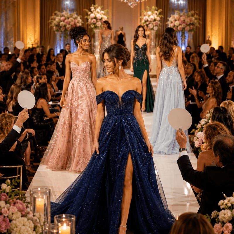 Models in sparkling gowns walk a runway in front of an audience in a grand ballroom.