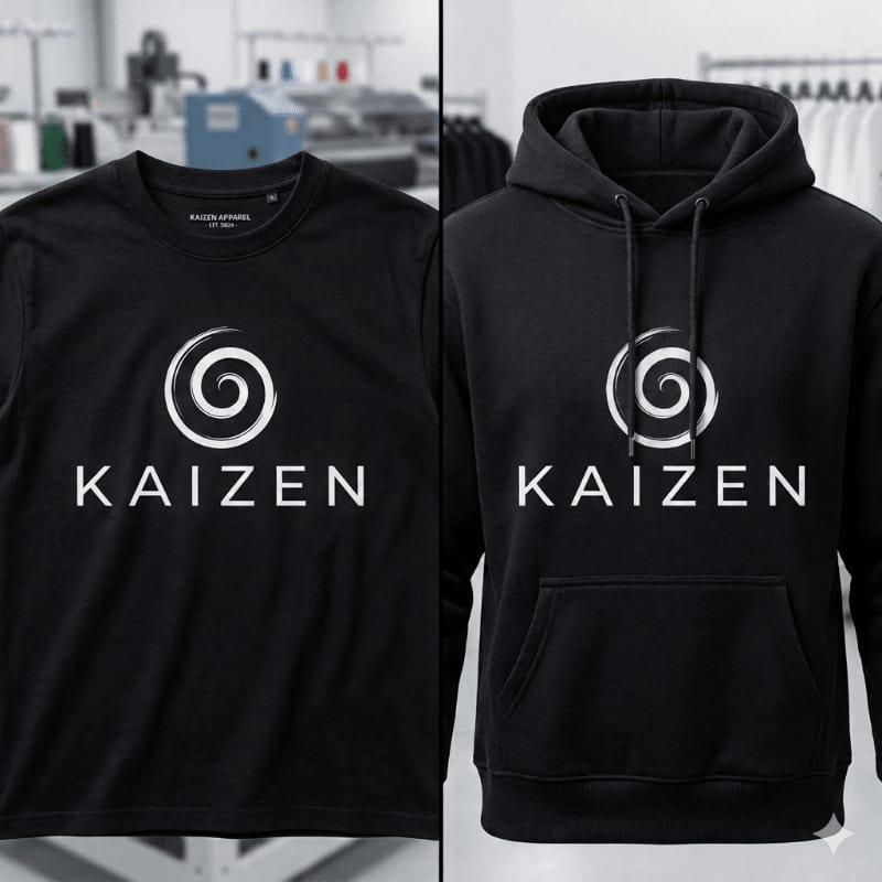 A black t-shirt and hoodie with a white spiral logo and "KAIZEN" text are displayed in the foreground, with a blurred factory background.
