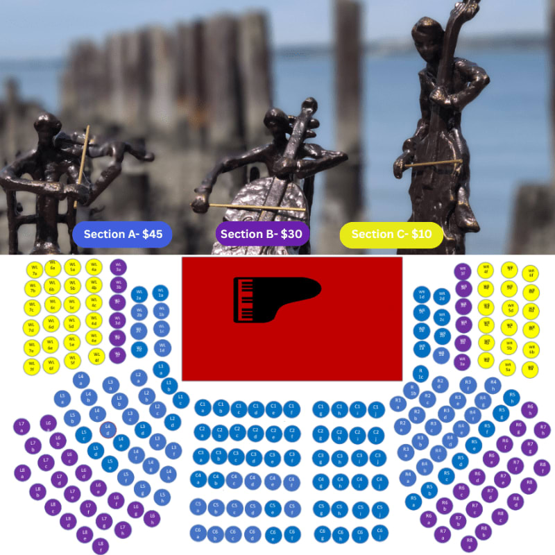 Three bronze statues of musicians playing instruments stand in the foreground against a blurred background of water and wooden posts, with a seating chart for a concert featuring a piano logo in red below.