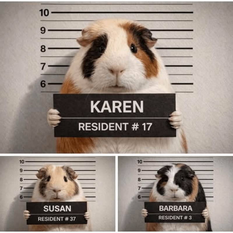 Three guinea pigs, Karen, Susan, and Barbara, are shown in mugshot-style photos against a grey background with height markers.