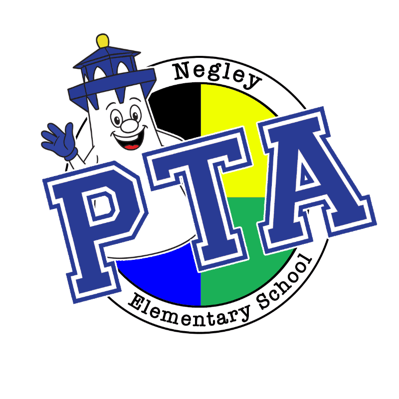 A cartoon lighthouse mascot waves next to the large blue letters "PTA" in the foreground, set against a circular background divided into black, yellow, blue, and green quadrants with "Negley Elementary School" written around the edge.