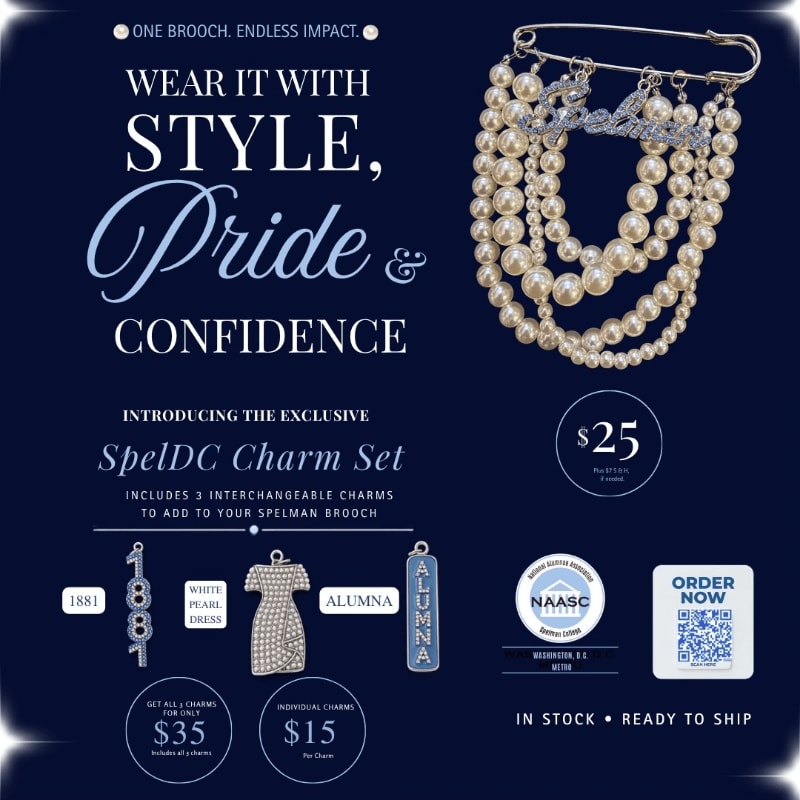 A pearl brooch with interchangeable charms is displayed against a dark blue background, with text promoting a Spelman charm set and ordering information.