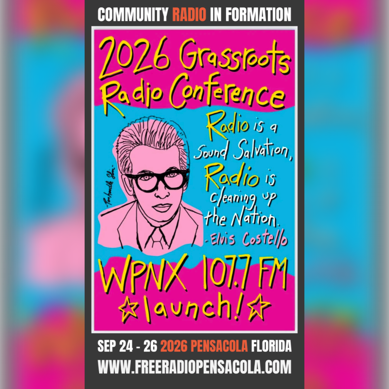 A vibrant poster advertises the 2026 Grassroots Radio Conference and the WPNX 107.7 FM launch, featuring a stylized portrait of Elvis Costello against a pink and blue background, with event details at the bottom.
