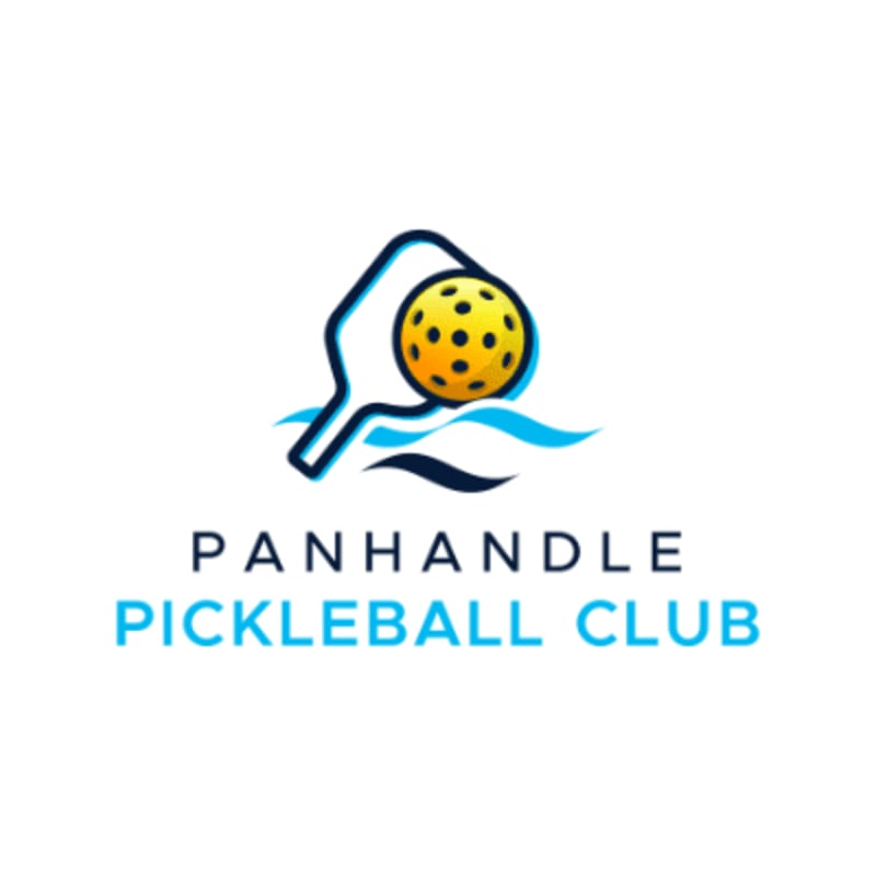 A pickleball paddle and ball are superimposed over stylized blue waves, with "PANHANDLE PICKLEBALL CLUB" written below in blue and black text against a white background.