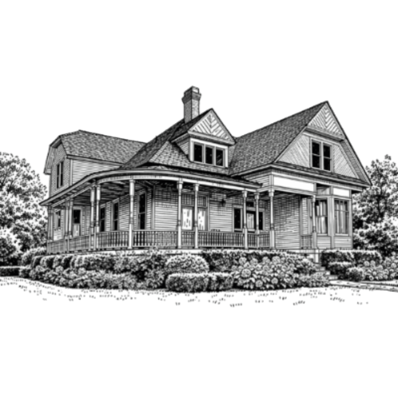 A detailed ink drawing of a Victorian-style house with a wraparound porch sits atop a manicured garden, with trees framing the background.