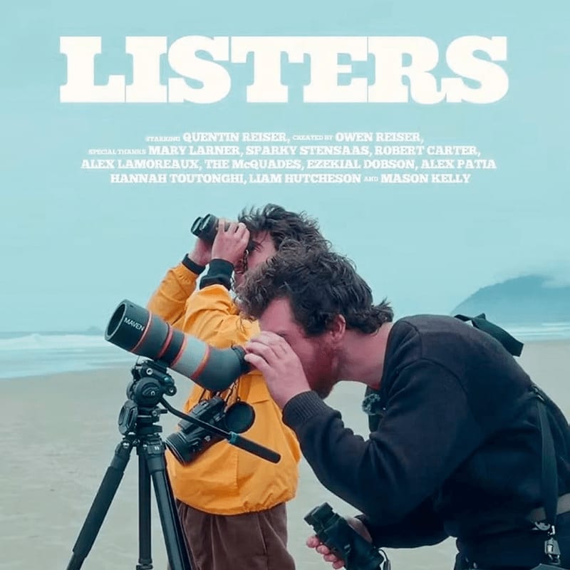 Two people with binoculars and a spotting scope observe the ocean and beach in the foreground, with the title "LISTERS" and credits in large white text against a pale blue sky in the background.
