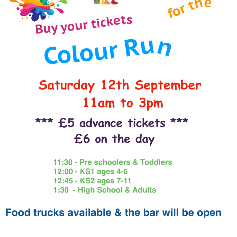 Colorful splashes of paint are at the top of the flyer, which advertises a "Colour Run" event on Saturday, September 12th, with ticket prices and a schedule of activities.