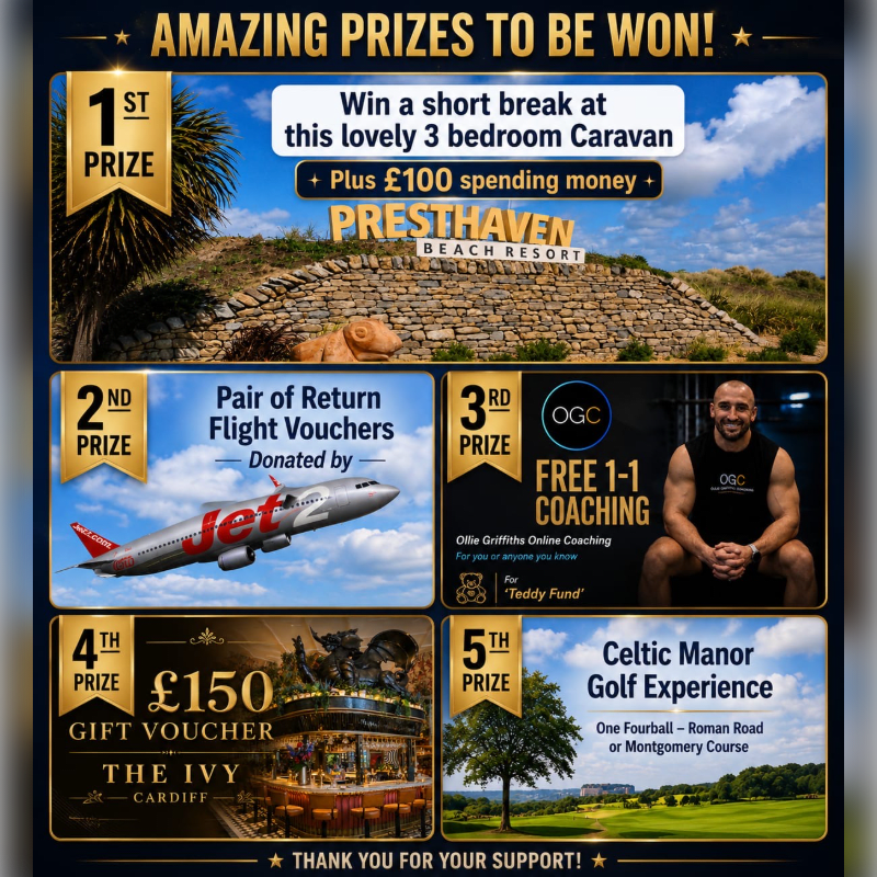 A collage advertises prizes including a caravan break, flight vouchers, coaching, a gift voucher, and a golf experience, set against a backdrop of prize tiers and promotional text.