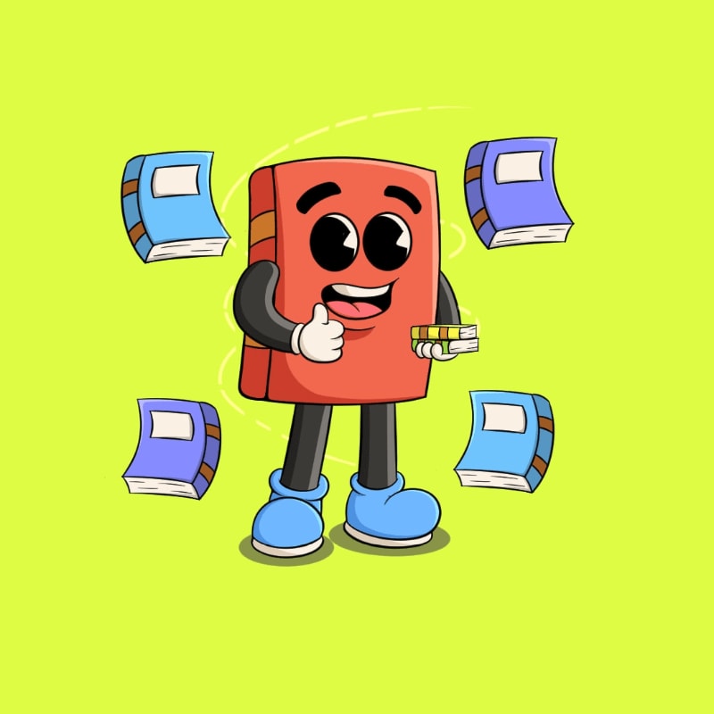 A cheerful red book with arms and legs gives a thumbs-up while holding a stack of books, surrounded by floating blue and purple books against a bright yellow background.