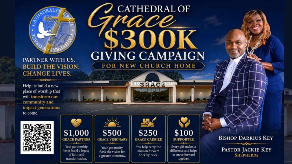 A couple stands in front of a church building with a banner announcing a $300K giving campaign for a new church home.