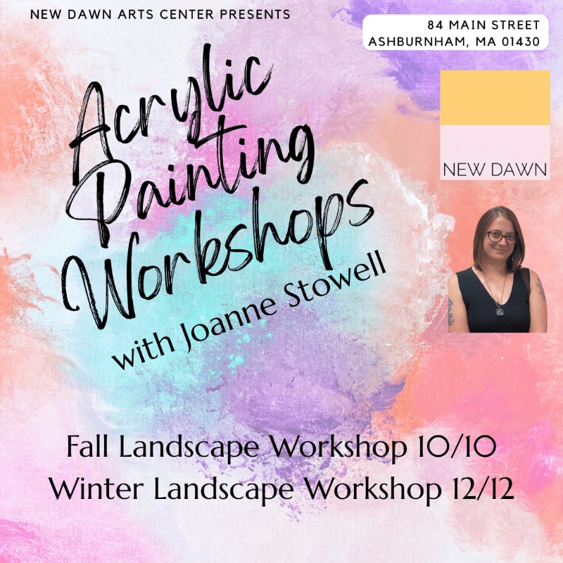 A colorful, abstract background with text announcing acrylic painting workshops with Joanne Stowell is in the foreground, while a woman's portrait and event details are on the right.