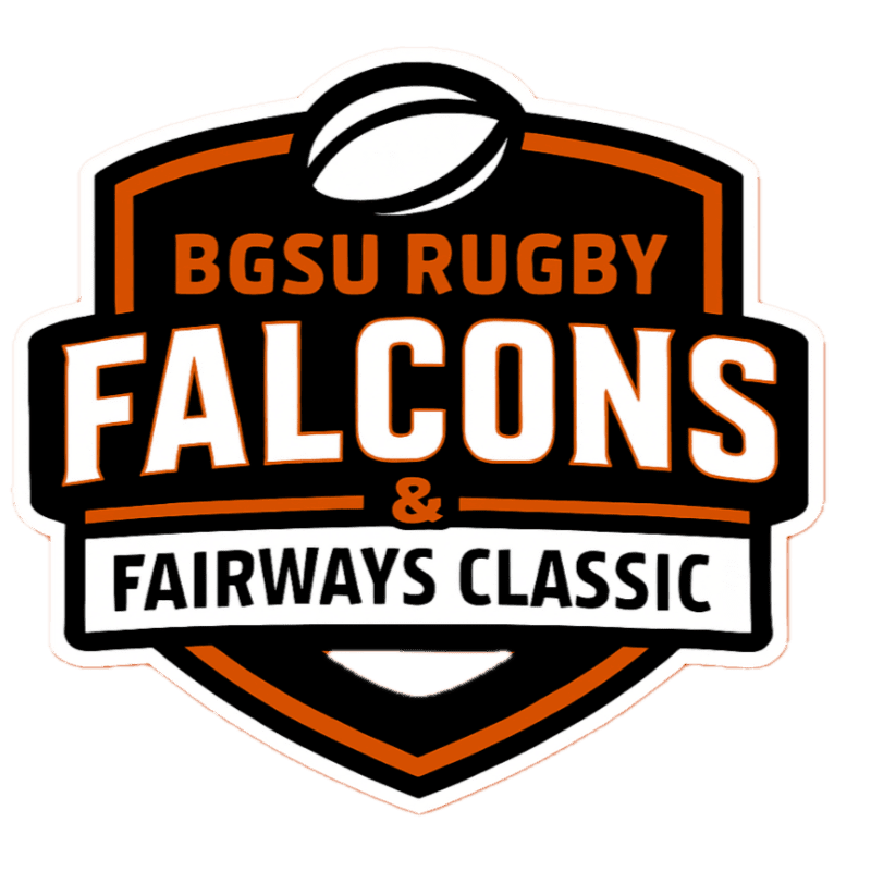 A black and orange shield with "BGSU RUGBY FALCONS & FAIRWAYS CLASSIC" written in white and orange text, topped with a white rugby ball, is set against a plain white background.