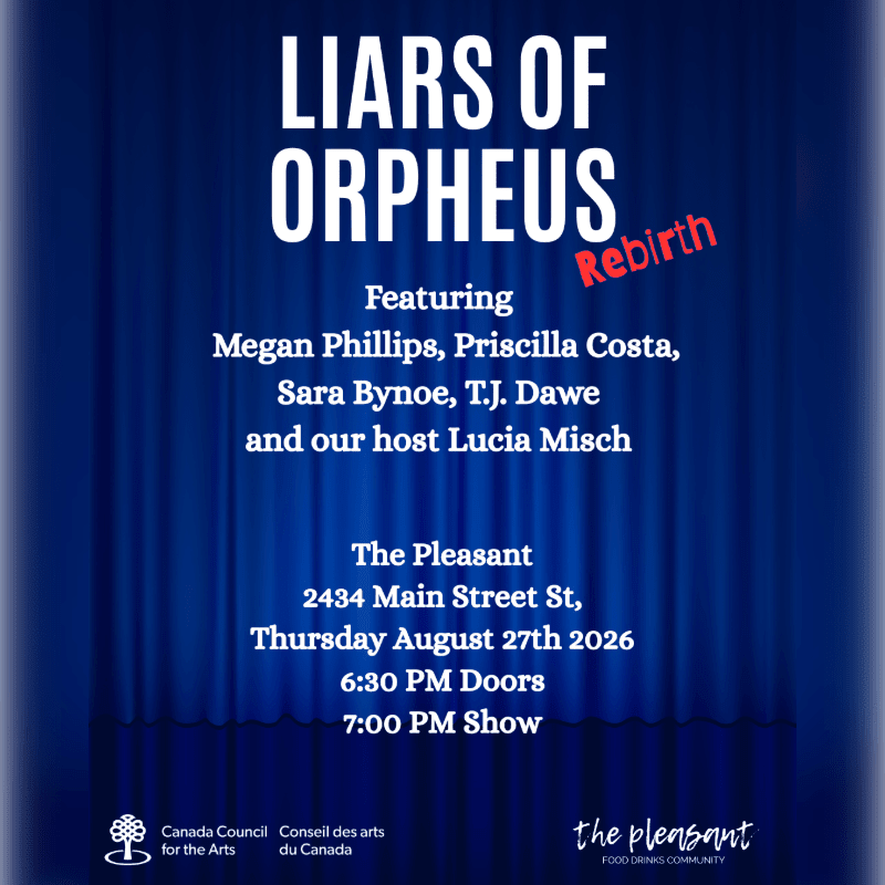 A blue curtain background frames a poster for "Liars of Orpheus: Rebirth," listing performers, venue, and showtimes.