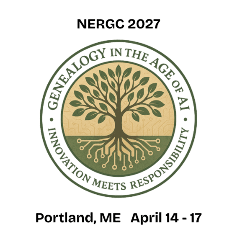 A circular emblem featuring a tree with roots resembling circuit boards is centered on a white background, with conference details "NERGC 2027" at the top and "Portland, ME April 14 - 17" at the bottom.