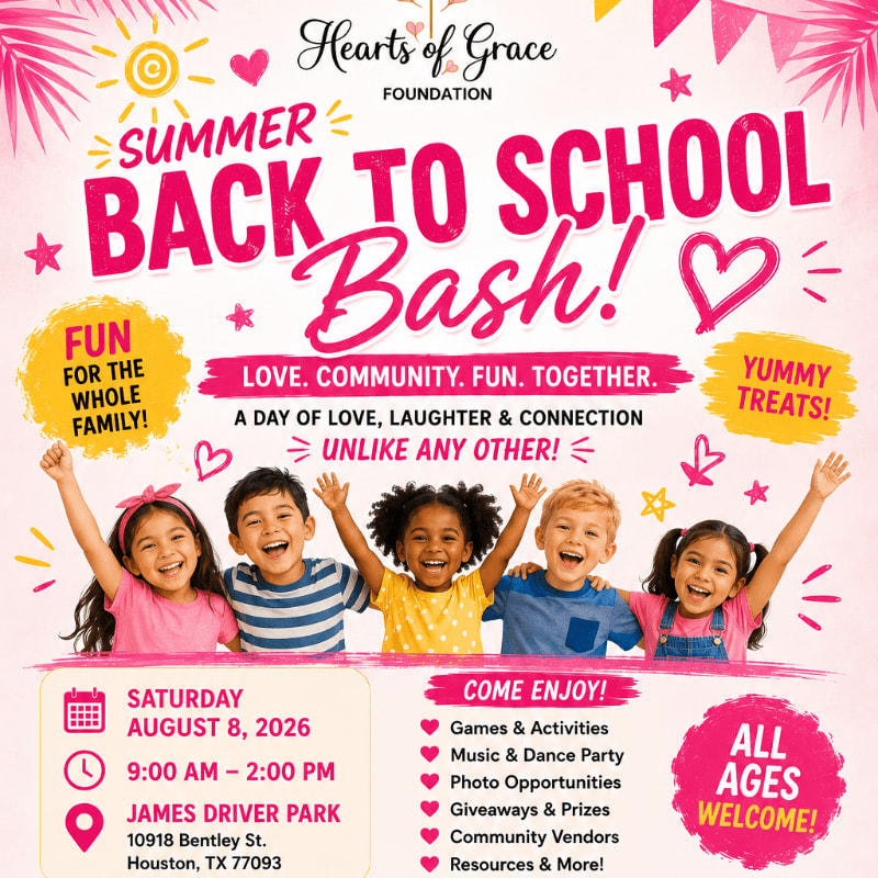 A vibrant flyer advertises a "Summer Back to School Bash!" featuring smiling children in the foreground and event details in the background.