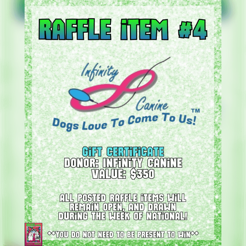 A green glittery background frames a raffle item announcement for a $350 gift certificate from Infinity Canine.