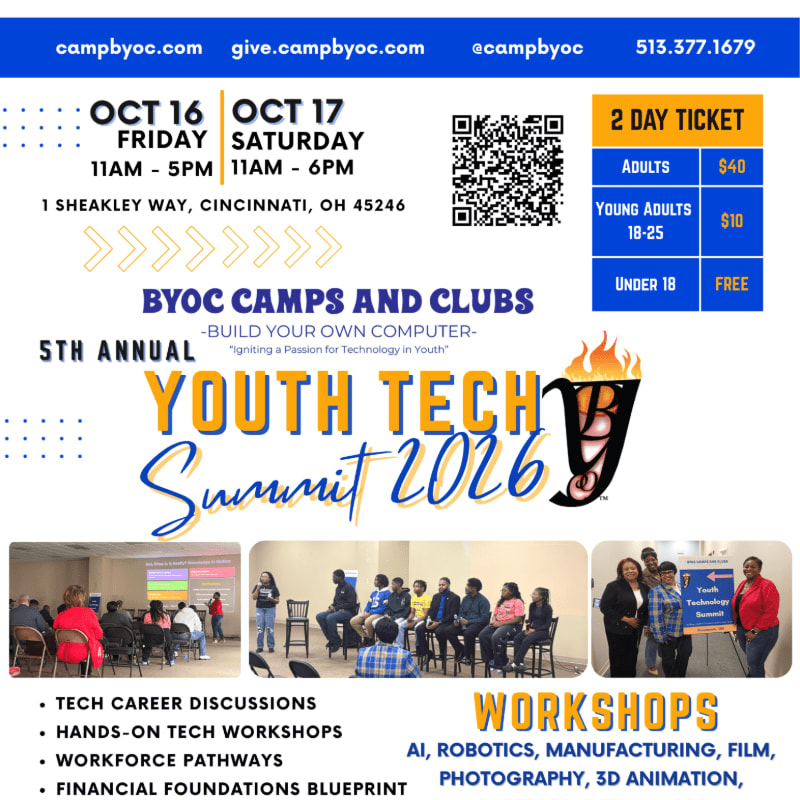 A flyer for the 5th Annual Youth Tech Summit 2026, featuring event details, ticket prices, and workshop topics, is overlaid on a collage of photos showing people at a tech event.