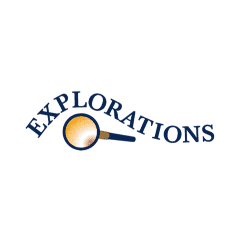 A magnifying glass with a glowing lens is positioned beneath the word "EXPLORATIONS" which arcs across a white background.