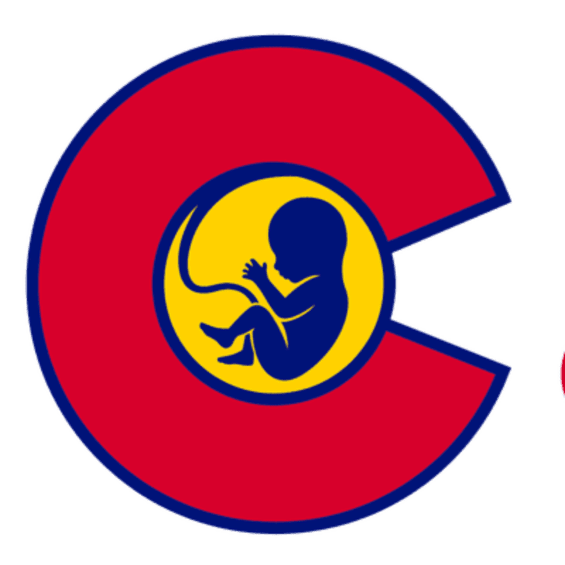 A blue silhouette of a fetus is cradled within a yellow circle, superimposed on a red and blue "C" shape representing the Colorado flag.