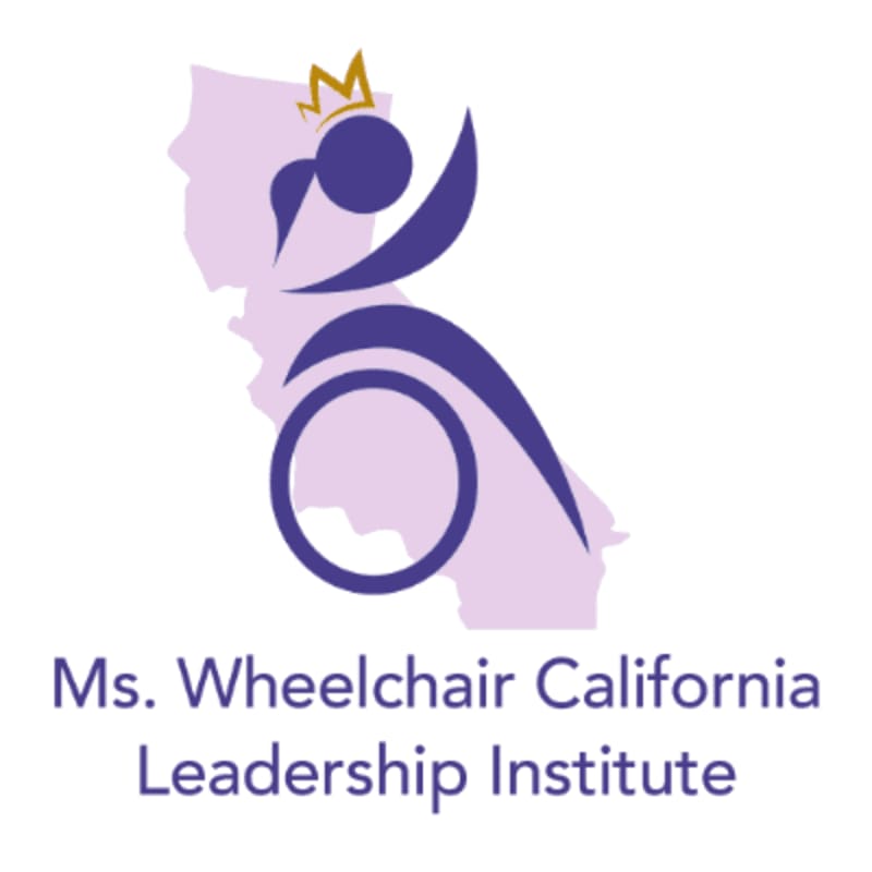 A purple and gold stylized figure in a wheelchair is superimposed over a light purple outline of California, with the text "Ms. Wheelchair California Leadership Institute" below.