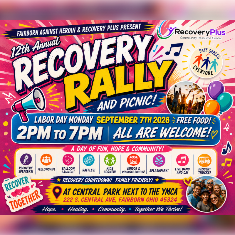 A vibrant poster for the 12th Annual Recovery Rally and Picnic features colorful graphics and event details in the foreground, with a background image of a happy crowd at a sunset gathering.