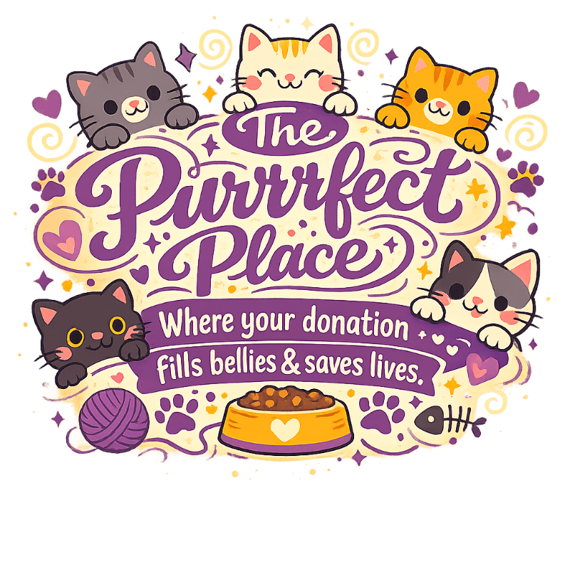 Cute cartoon cats surround a bowl of food and a ball of yarn in the foreground, with decorative swirls and paw prints in the background.