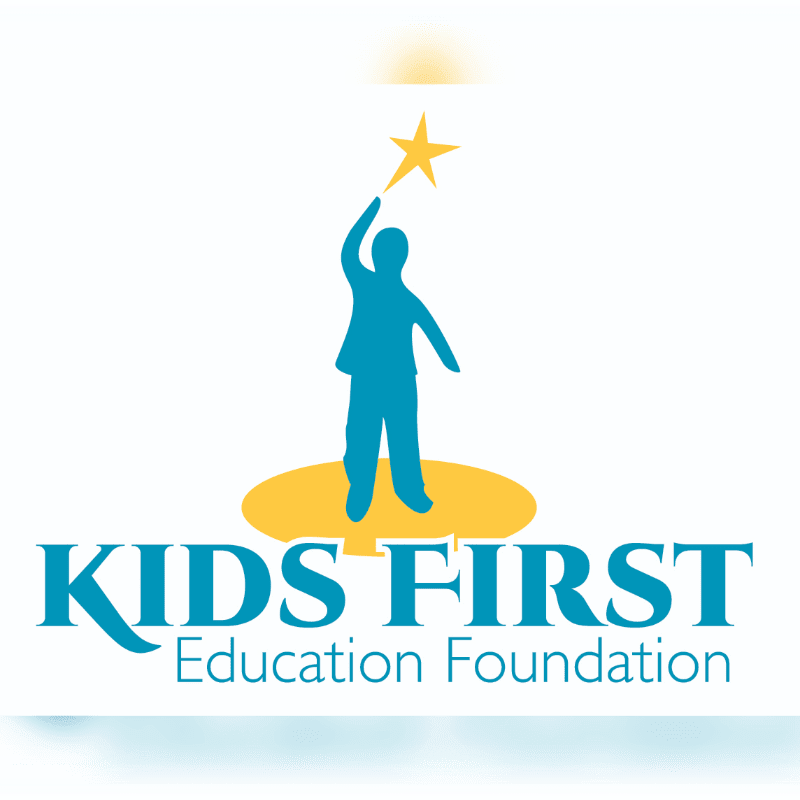 A blue silhouette of a child reaching for a yellow star stands on a yellow circle against a white background, with the words "KIDS FIRST Education Foundation" below.