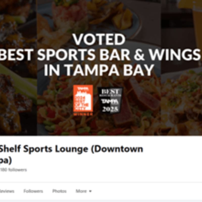 A collage of food images and awards highlights "Shelf Sports Lounge (Downtown Tampa)" as the voted best sports bar and wings in Tampa Bay.