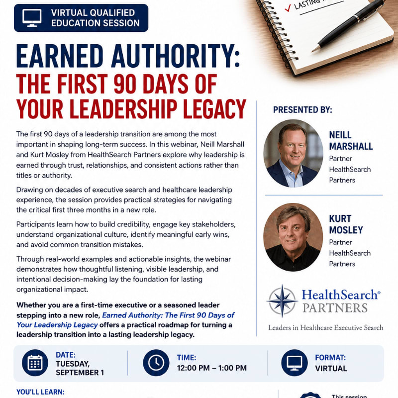 A notebook with a pen rests on a wooden surface in the background, while the foreground displays a flyer for a virtual education session titled "Earned Authority: The First 90 Days of Your Leadership Legacy."