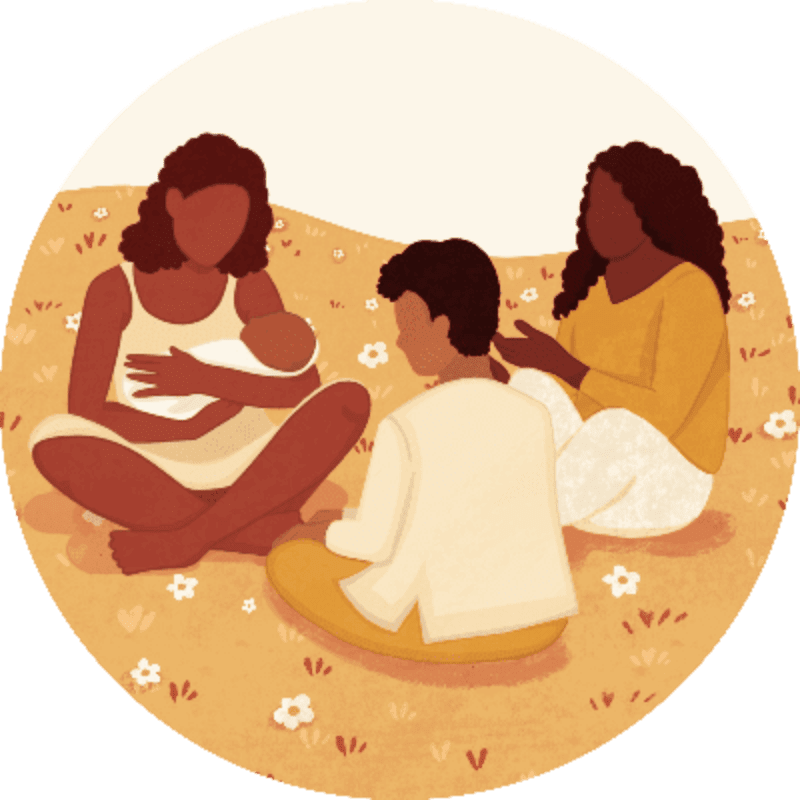 Three people, one holding a baby, sit in a field of flowers with a pale sky in the background.