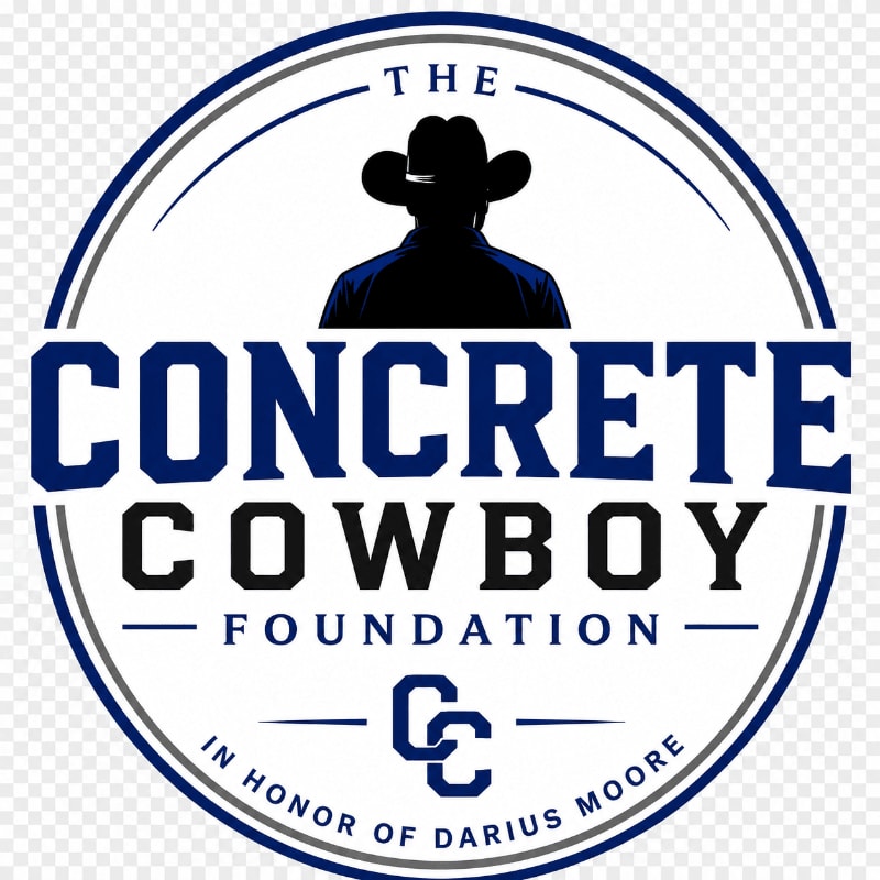 A circular logo features a cowboy silhouette in the foreground against a white background, with the words "THE CONCRETE COWBOY FOUNDATION" and "IN HONOR OF DARIUS MOORE" surrounding it.