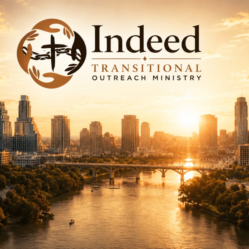 A serene river flows through a city skyline at sunset, with the "Indeed Transitional Outreach Ministry" logo prominently displayed above.