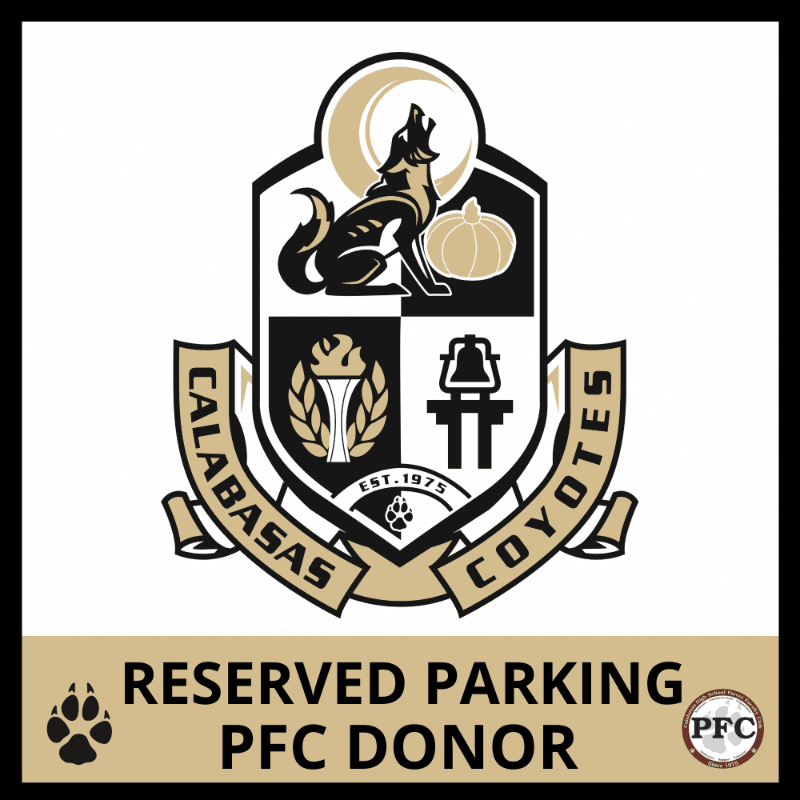 A crest with a coyote and pumpkin sits above the words "RESERVED PARKING PFC DONOR" on a white background with a black border.