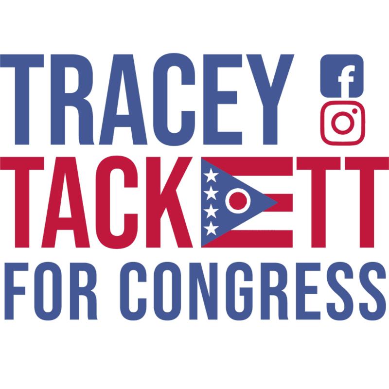 Large blue and red text reading "TRACEY TACKETT FOR CONGRESS" is displayed prominently, with social media icons in the upper right and the Ohio state flag integrated into the word "TACKETT" in the background.